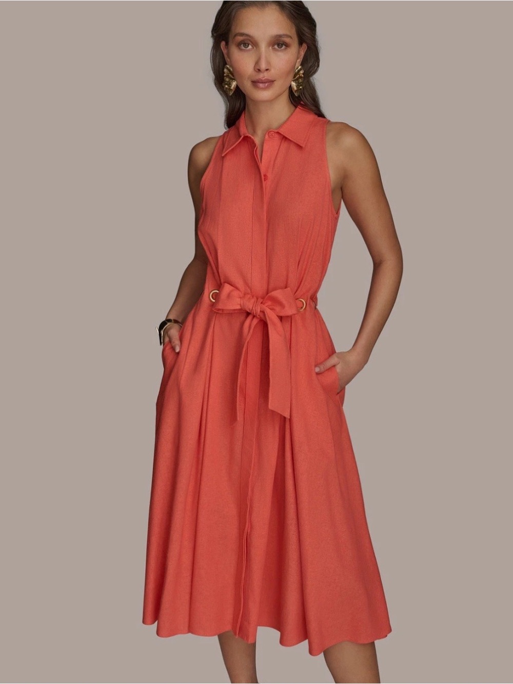 Donna Karan New York Women's Belted Linen Shirt Dress 2 in a vibrant coral shade